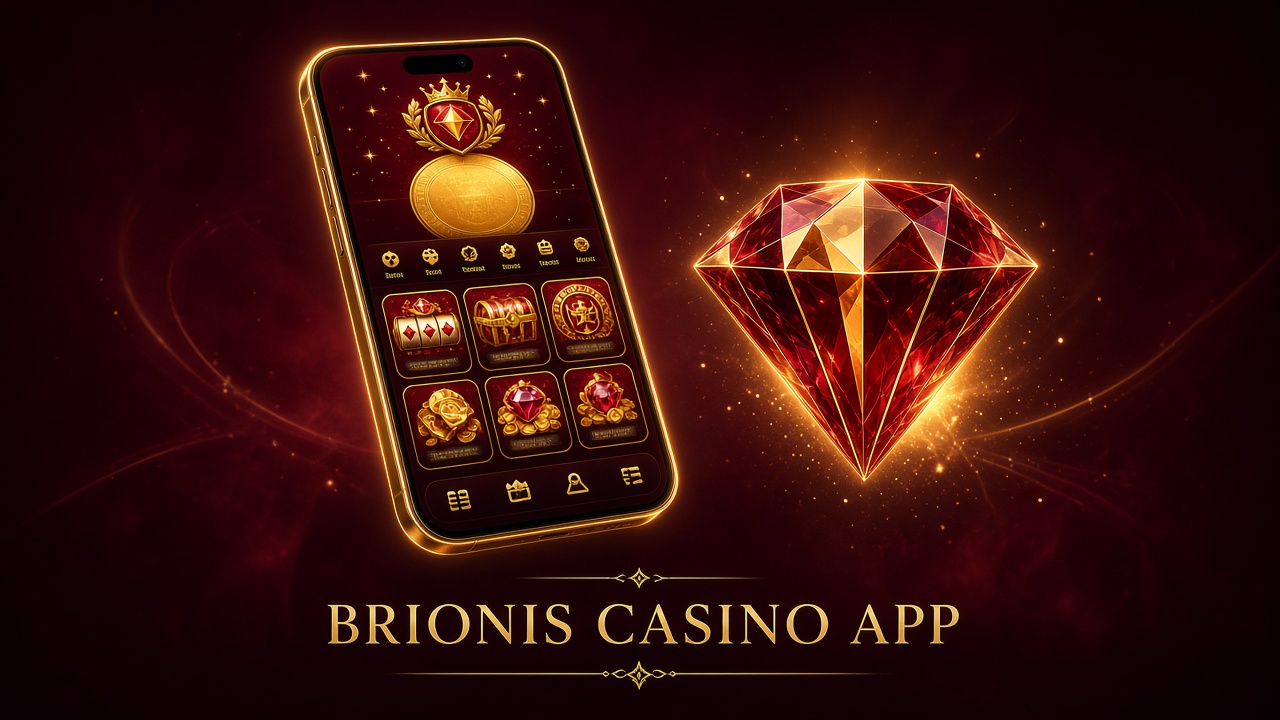 Brionis Casino App – Smartphone mit Lobby und Goldlogo